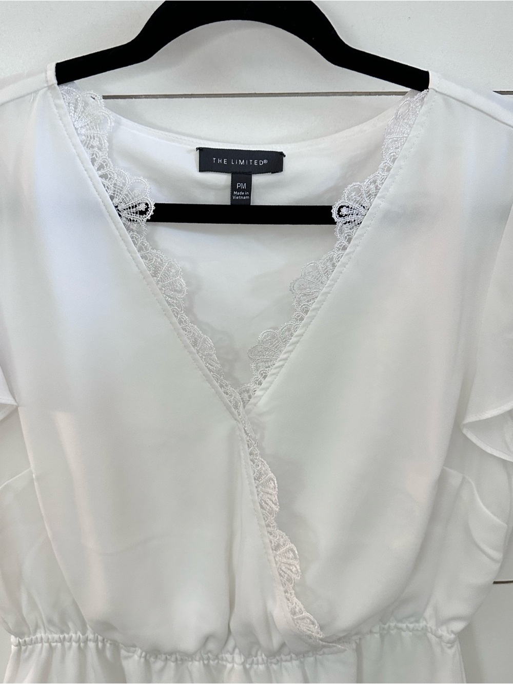 The Limited PM white V neck wrap style lace trim flounce sleeve blouse classic - Picture 7 of 12